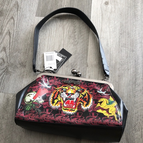 Ed Hardy Black Faux Leather Shoulder Bag Red Skull Print & Tiger Tattoo NWT - Picture 1 of 16